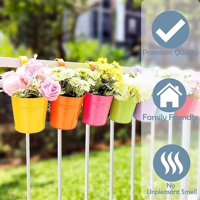 LaLaGreen Small Hanging Planters Outdoor - 10 Pack, 4 Inch Rainbow Planter Colorful Flower Pots Metal Iron, Rail Balcony Garden Deck Railing Plant Hanger Fence Wall, Herb Bucket Indoor Window Boxes L%C3%A1L%C3%A1Green