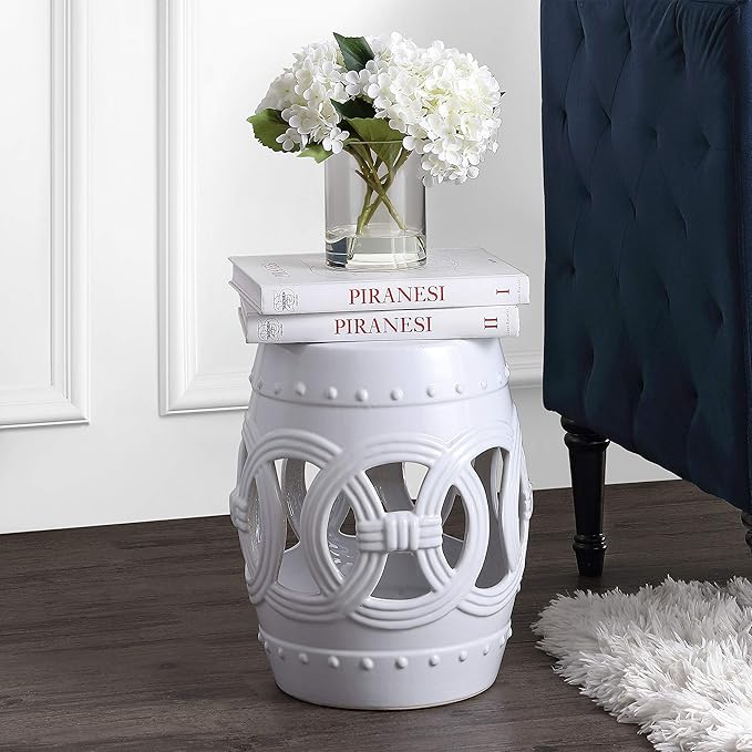 JONATHAN Y TBL1022A Lucky Coins 16" Chinese Ceramic Drum Indoor/Outdoor Garden Stool, Bohemian, Coastal, Cottage, French Country, Traditional, Spill-Proof, Living Room, Garden Room, Patio, White JONATHANY