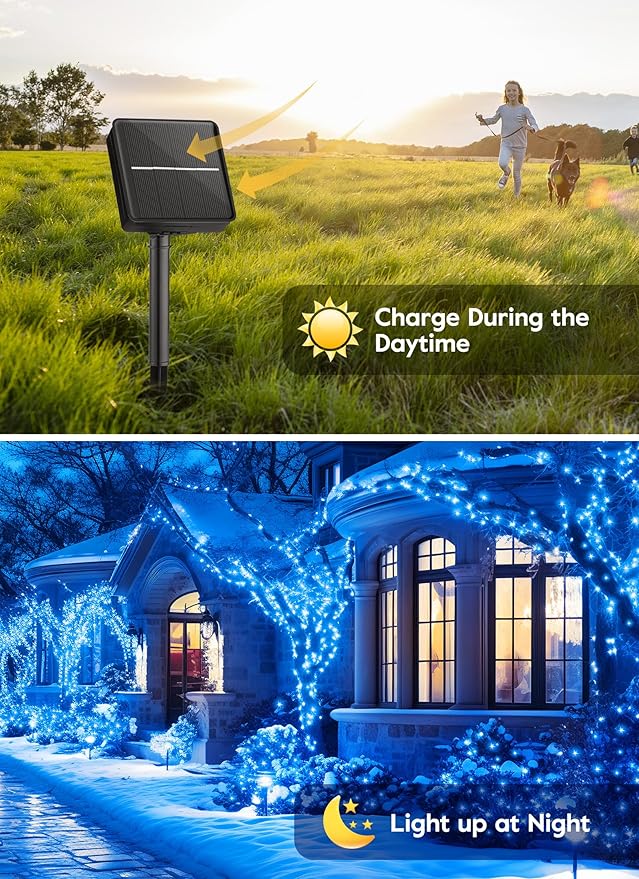 Minetom Solar String Lights for Outside, 33Ft 100 LED Outdoor Solar Fairy Lights, 8 Modes Balcony Lights for Tree Patio Christmas Party Wedding Decor (Blue) Minetom