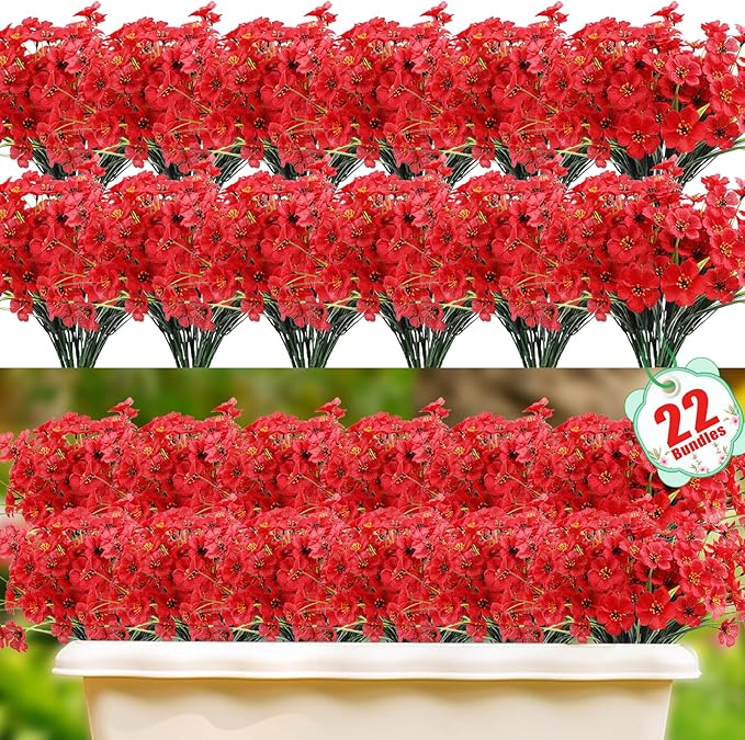 22 Pack Artificial Flowers Outdoor Fake Plants, Faux Flowers UV Resistant with Plastic Plants, Faux Silk Flowers for Outdoors Outside Front Porch Hanging Planter Window Box Garden Decoration(Red) Powbrace