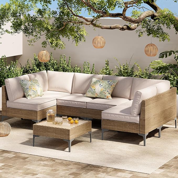7-Piece Patio Furniture Set, Outdoor Wicker Sectional Sofa with Coffee Table, Anti-Slip & Thick All-Weather Cushions for Party,Garden,Backyard, Beige OutdoorPatioFurnitureSet
