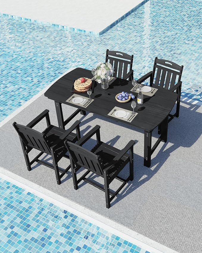 Ciokea HDPE Outdoor Dining Set, 5-Piece Patio Table and Chairs Set with Umbrella Hole, All-Weather Patio Dining Sets for 4, Durable Patio Furniture for Backyard, Garden, Lawn & Poolside, Black CIOKEA