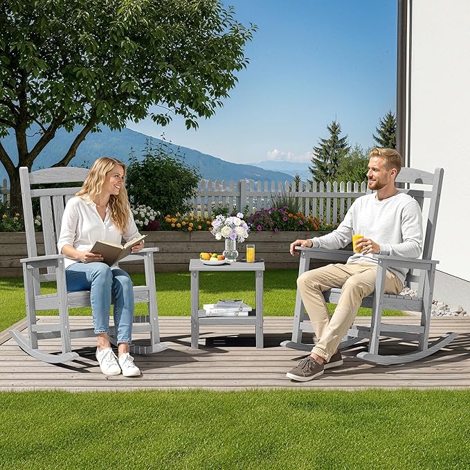 SERWALL HDPE Outdoor Rocking Chair Set of 2, Oversized Patio Rocking Chairs, All-Weather Porch Rockers for Adults, Light Gray SERWALL
