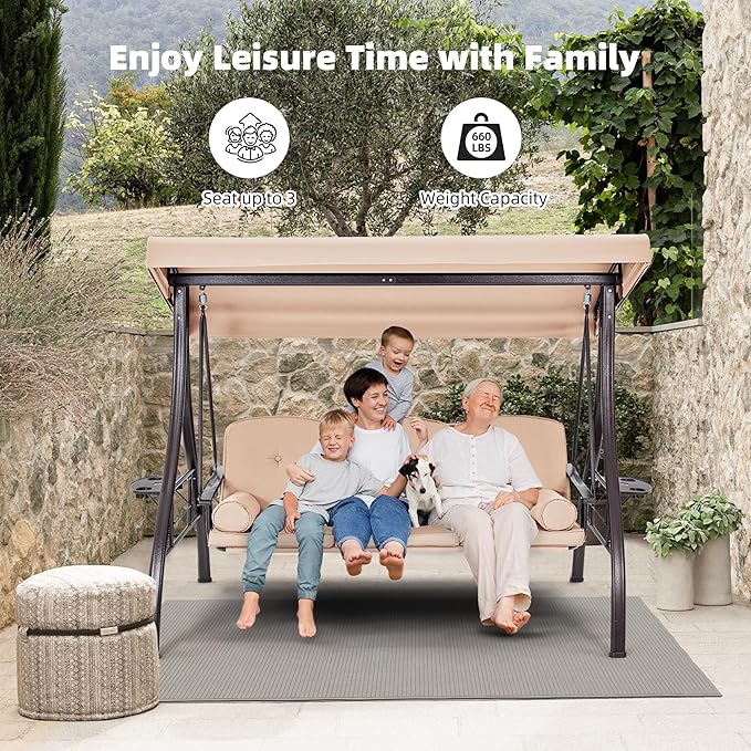 HOMREST 3 Seat Outdoor Porch Swing with 1.5" Deepened Cup Holder, Adjustable Canopy, Patio Swing Bed with Stand, Patio Glider Swing with Thicken Cushions, Pillow for Yard, Garden(Khaki) HOMREST