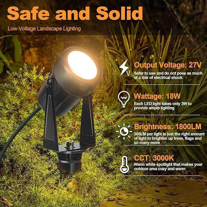 Outdoor Landscape lighting Low Voltage, 65.6FT Wired LED Spot light with Plug-in Transformer, IP65 Waterproof Outside Uplight 18W 1800LM for Yard Garden Tree Pathway House, Warm White 3000K, Pack of 6 NEWKAZ