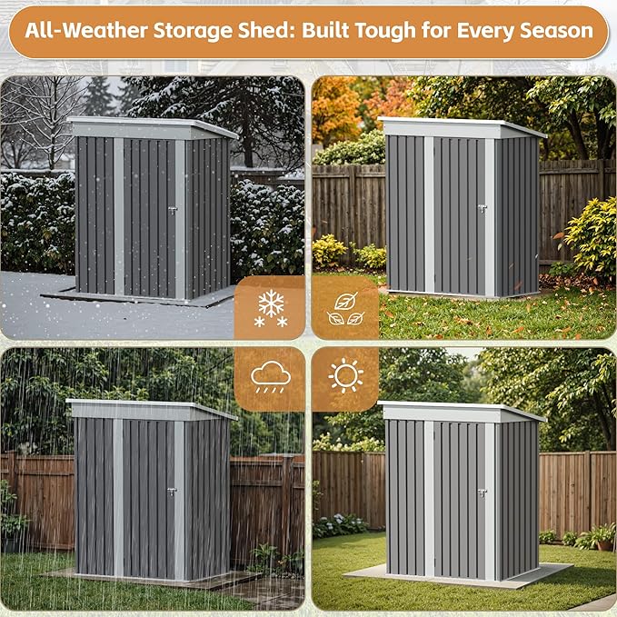 Greesum 5×3 FT Outdoor Storage Shed, Metal Storaged Sheds Without Floor, Tool Sheds with Lockable Doors and Slooping Roof for Garden, Patio, Backyard, Gray BuynowfromGreesum