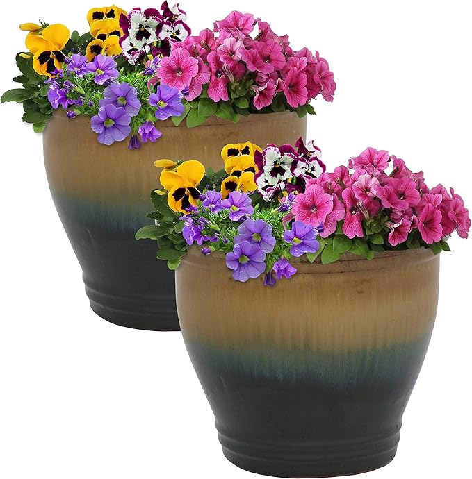 Sunnydaze Round Ceramic Planter - Set of 2 Indoor or Outdoor Plant Pots with Drainage Hole - Studio - 11" - Forest Lake Green Glaze SunnydazeDecor