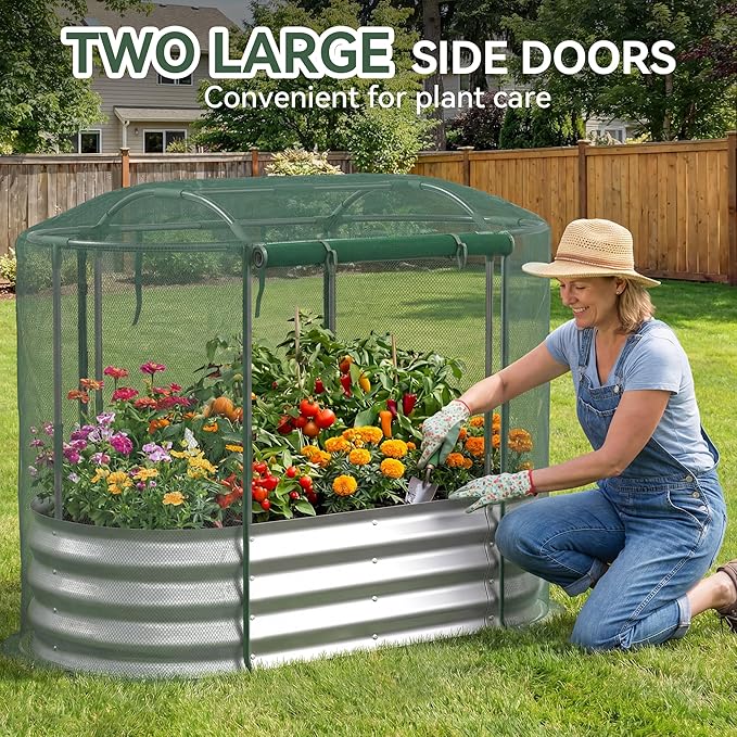 Raised Garden Bed with Self-Watering System, 4x2x1 ft Elevated Planter Boxes Outdoor with Mesh Cover, Oval Galvanized Raised Beds for Gardening,Vegetables,Flowers, Backyard, Patio Lineware