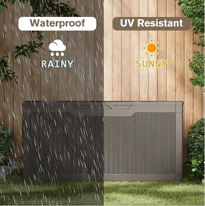 JUMMICO 100 Gallon Resin Deck Box, Waterproof Outdoor Storage Box with Lockable Lid for Garden Tools, Patio Cushions (Light Brown) JUMMICO