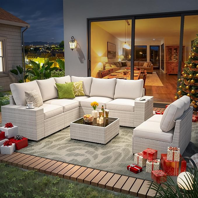 8 Piece Outdoor Patio Furniture Set, Outdoor Sectional Furniture, Rattan & Wicker Modern Modular Conversation Set Sofa Couch W/Water Resistant Washable Thick Cushions and Coffee Table, Beige Olimix