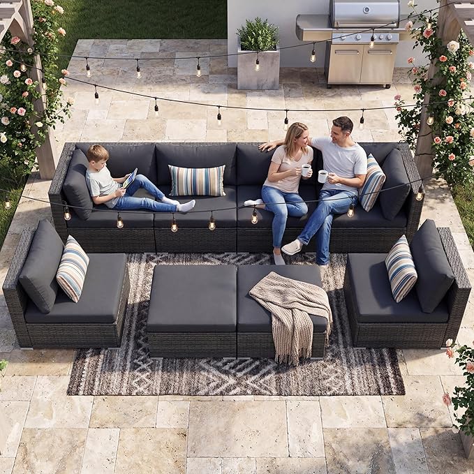 NICESOUL 8 Seater Modern Luxury Outdoor Furniture Set, Extra Large PE Wicker Patio Modular Sectional Sofa with Ottoman, 29.3'' High Back L-Shaped All-Weather Conversations, Deep Seated Grey Color NICESOUL