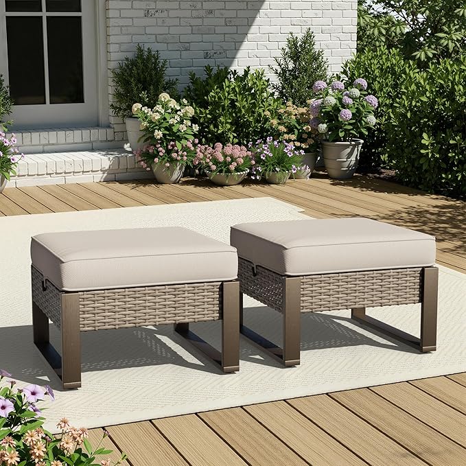 Joyside Outdoor Patio, All-Weather PE Rattan Ottomans Footstools with Removable Cushions & Anti-Rust Wood-Looking Legs for Garden, Backyard, Porch, Deck (Beige) Joyside