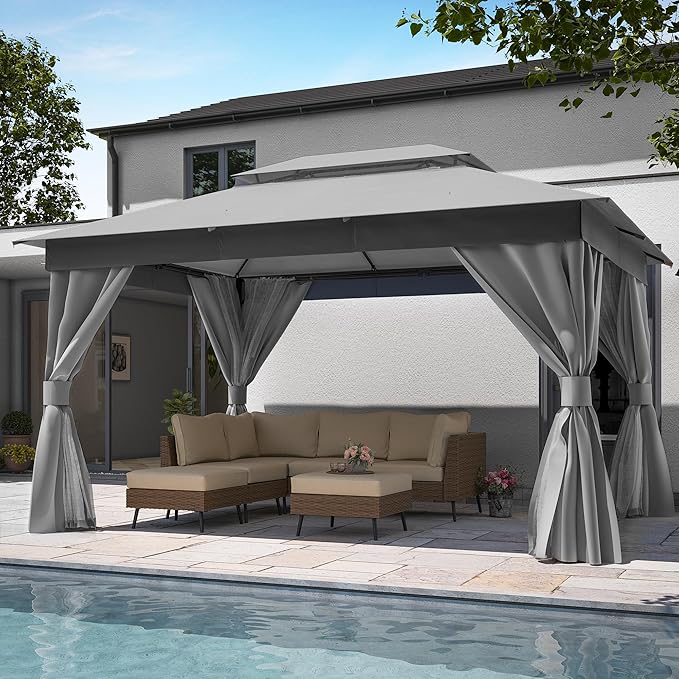 LAUSAINT HOME Semi-Permanent Outdoor Patio Gazebo 10'x13', Heavy Duty Party Tent Shelter with Double Roofs, Mosquito Nettings and Privacy Screens for Backyard, Garden, Lawn, Gray LAUSAINTHOME