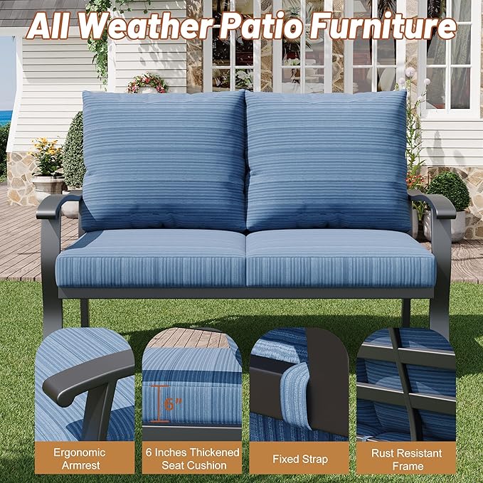 HOMREST Outdoor Loveseat Aluminum Patio Furniture Sofa, All-Weather Metal Outdoor Couch with Cushions, Blue HOMREST
