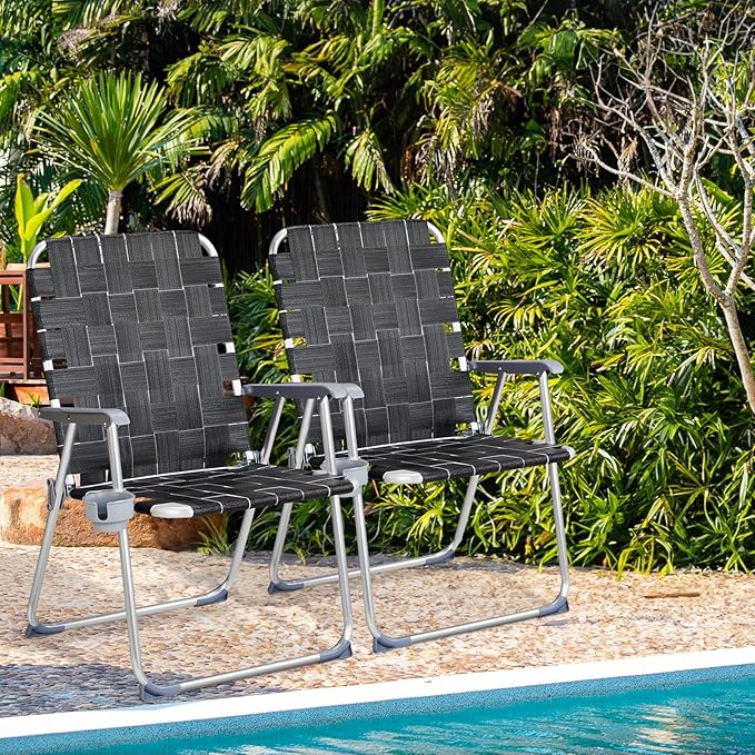VINGLI Aluminum Oversize Patio Lawn Chairs Folding Set of 2 with Detachable Cup Holder, Webbed Beach Chair Folding Chair Outdoor Portable Camping Chair for Yard, Garden VINGLI