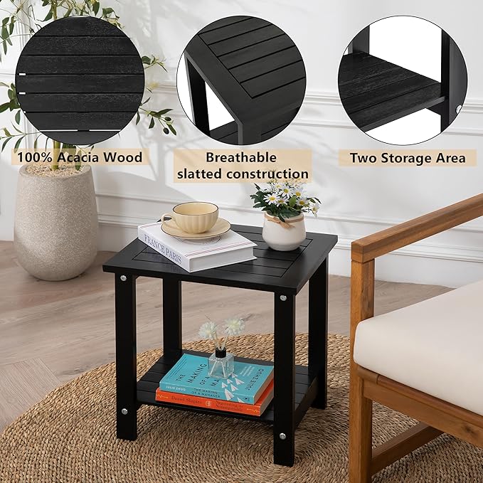 Black Adirondack Outdoor Accent Table – Weather-Resistant Acacia Wood Outdoor End Table with Double Storage, Small Porch Table for Patio, Garden, Lawn, Balcony, and Living Room Use VICTORYRELAX