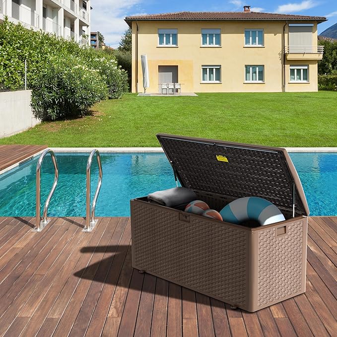 TARKARI Premium Pro Edition 180 Gallon Lockable Resin Deck Box, Waterproof & UV-Resistant Outdoor Storage Box for Outdoor Cushion Storage, Garden Tools & Pool Accessories Storage, Brown Home