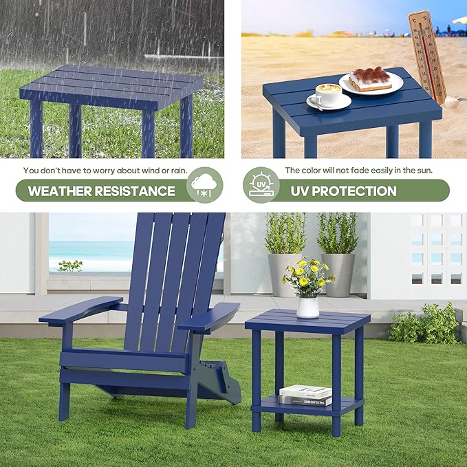 Outdoor Side Table, 2-Tier Small Outdoor Table for Patio, Adirondack Side Tables for Outside or Indoor, Bamboo End Table for Pool, Porch, Weather Resistant Easy Maintenance-Dark Blue LEJANEOYE
