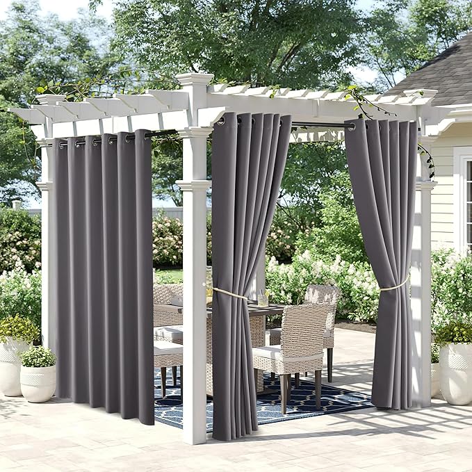 NICETOWN 2 Panels Extra Wide Outdoor Curtains for Patio Waterproof W84 x L84, Rustproof Grommet Weighted Blackout Indoor Outdoor Drapes Sound Reducing Privacy for Gazebo/Pergola, Grey NICETOWN