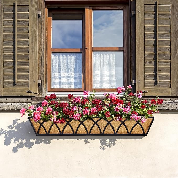 6pcs 30 Inch Window Deck with Coco Liner, 30" Window Boxes Horse Trough with Coconut Coir Liner, Metal Hanging Flower Planter Window Basket Deck Railing Planter Boxes for Outdoor Indoor Lawn LAWYAMAI