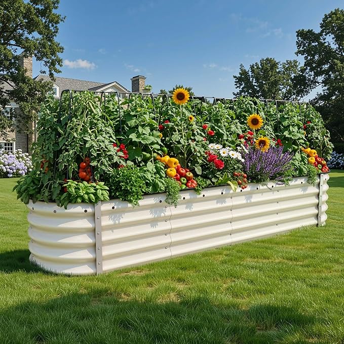 YITAHOME 17" Tall 9 in 1 Large Raised Garden Bed Kit, 8x2x1.4ft Galvanized Metal Planter Box with Gloves & Safety Rubber, Outdoor Above Ground Planters for Plants Vegetables Flowers, White YITAHOME