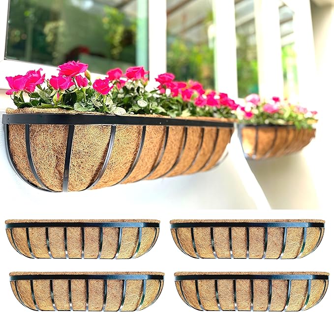 LaLaGreen Deck Railing Planter Boxes - 30 Inch, 4 Pack Wall Planters for Outdoor Plants, Window Flower Boxes Deck Railings with Coco Liners Metal Horse Troughs Fence Balcony Patio Porch Over Rail L%C3%A1L%C3%A1Green
