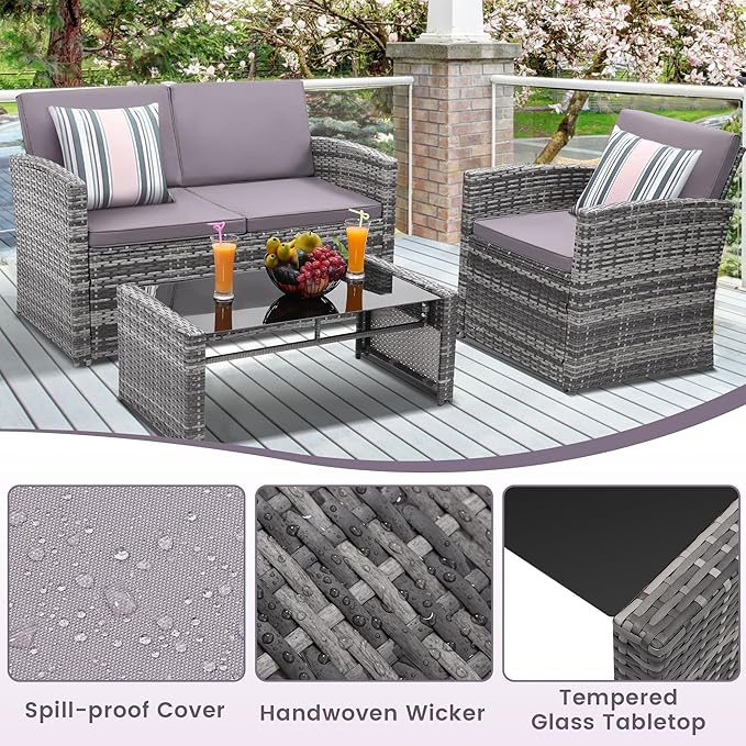 4-Piece Patio Furniture Set, Wicker Outdoor Rattan Sectional Sofa with Cushions and Glass Table, All-Weather Outdoor Conversation Set, Ideal for Garden, Porch, Backyard, Grey KROFEM
