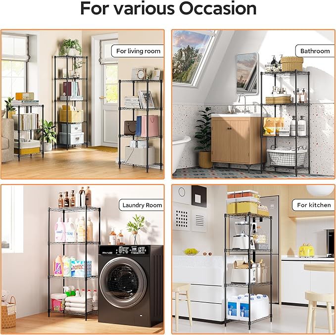 4 Tiers Shelf Metal Storage Shelves Wire Rack Closet Organizers with Wheel for Garage Kitchen Bathroom Laundry Black 11.8" D x 17.7" W x 41.9" H MEIGAOPLASTICANDMETALHKCOLIMITED