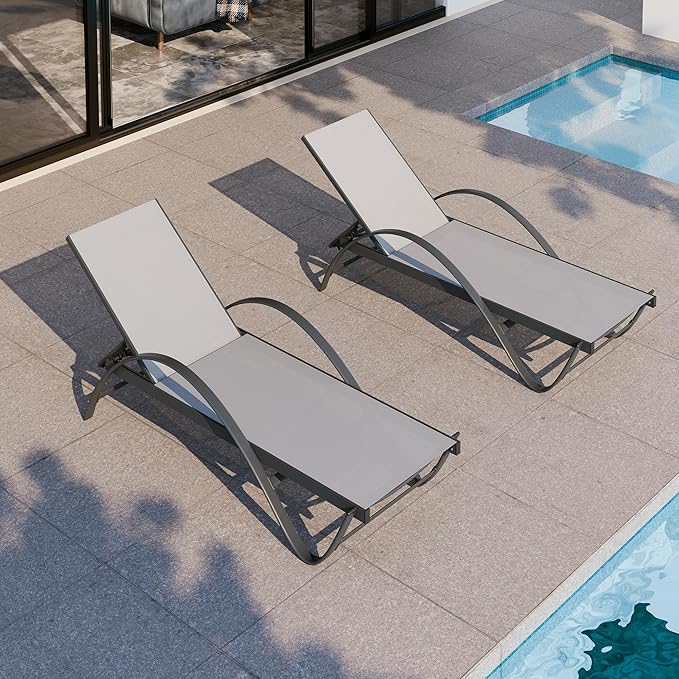 Shintenchi Patio Chaise Lounge Set of 2, Pool Chaise Lounge with Arm,Outdoor Lounge Chair with 5 Adjustable Backrest,Sunbathing Recliner,Beach Chair,Pool Chairs,Light Grey Shintenchi