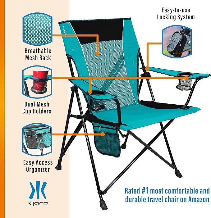 Kijaro Dual Lock Portable Camping Chair - Versatile Folding Sports and Outdoor Chair for Lawn - Locks Position - Ionian Turquoise Kijaro