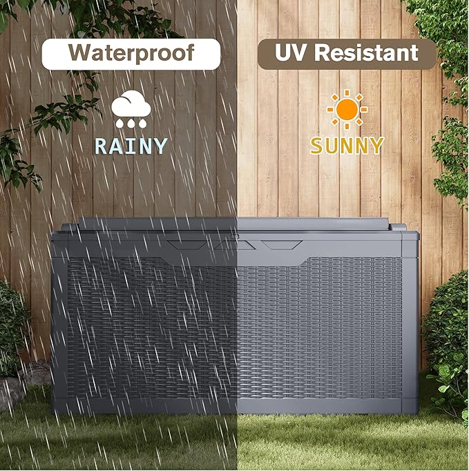 JUMMICO 100 Gallon Resin Deck Box with Cushion, Waterproof Outdoor Storage Box with Lockable Lid for Garden Tools, Patio Cushions (Gray) JUMMICO