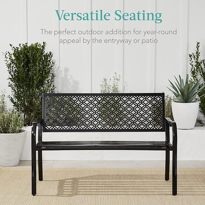 Best Choice Products Outdoor Bench 2-Person Metal Steel Benches Furniture for Garden, Patio, Porch, Entryway w/Geometric Backrest, 790lb Capacity – Black BestChoiceProducts