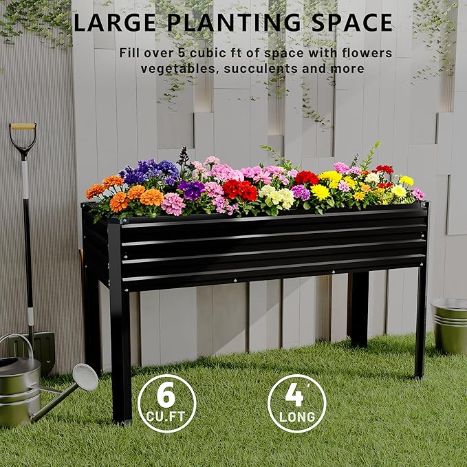MGNO 2PCS Galvanized Raised Garden Bed Outdoor with Legs,48×18×32in Metal Elevated Raised Planter Box for Backyard, Patio, Balcony, 300lb Capacity,Black MGNO