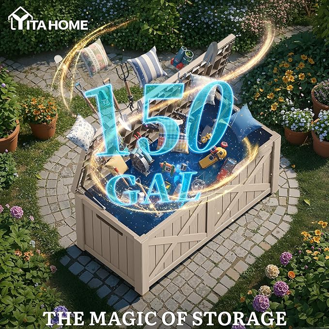 YITAHOME 150 Gallon Large Deck Box with X-Shaped Front, Resin Outdoor Storage Boxes, Waterproof Cushion Storage Bench for Patio, Pool Supplies, Garden Tools - Lockable, Taupe YITAHOME
