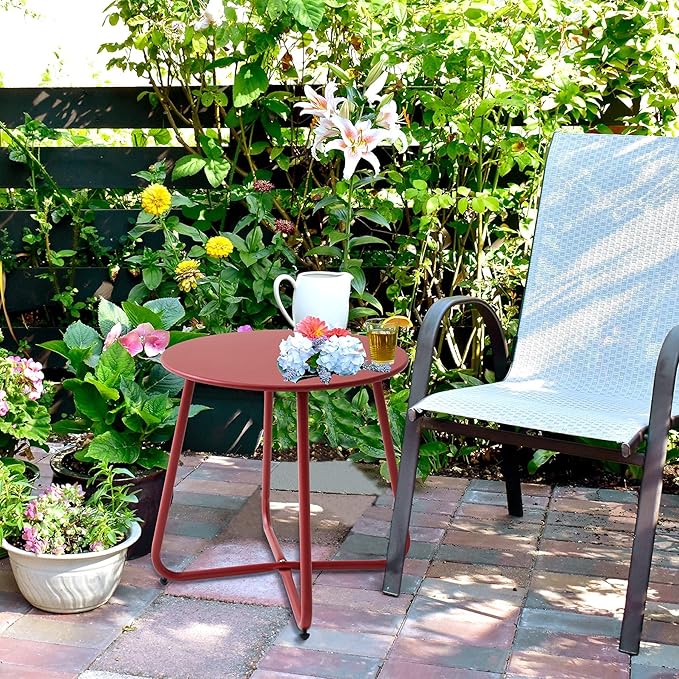 Patio Small Side Table Waterproof Round Metal Steel Weather Resistant Portable Outdoor and Indoor End Table for Garden Balcony Yard, Red Meluvici