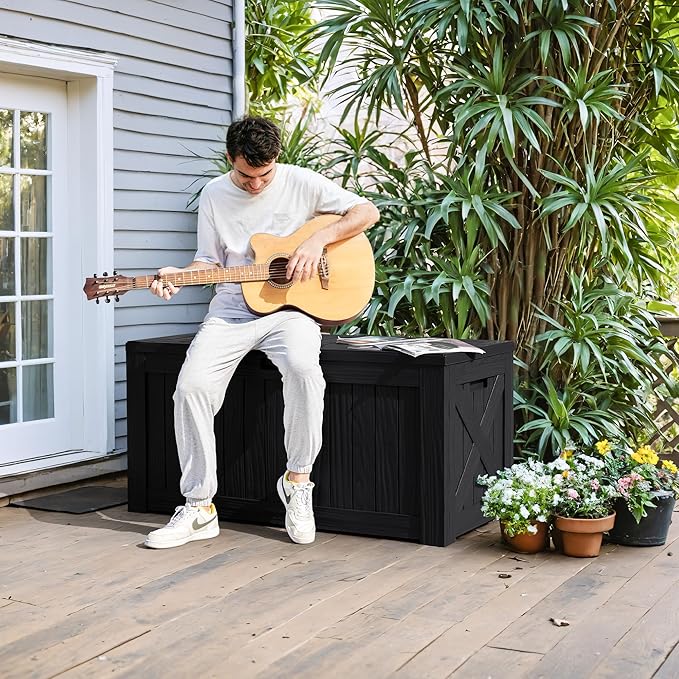 Greesum 120 Gallon Deck Box, Resin Outdoor Storage Container for Patio Furniture, Garden Tools, Pool Accessories, Weatherproof, Lockable, Black BuynowfromGreesum