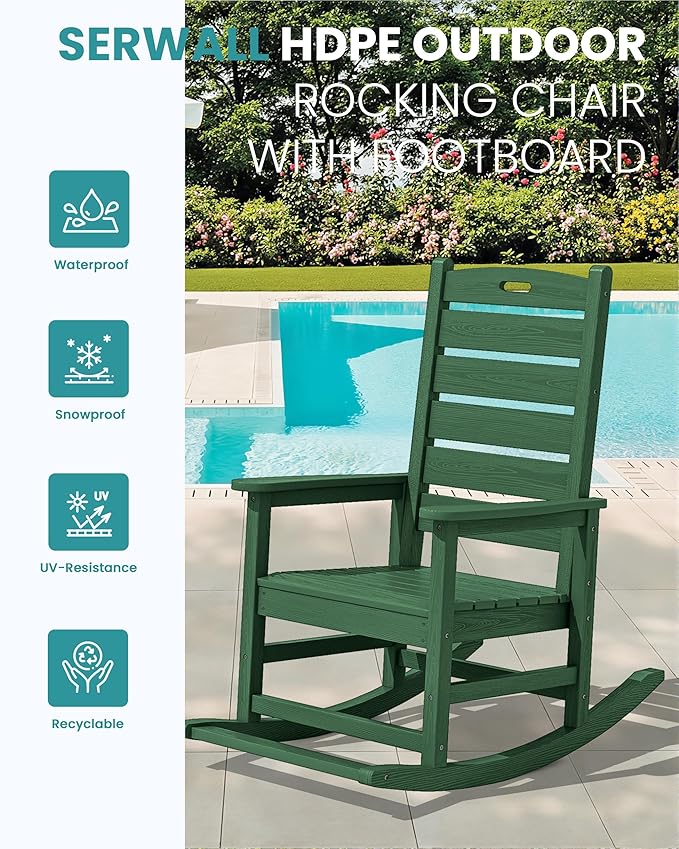 SERWALL Outdoor Rocking Chair Set of 2, Oversized Rocking Chair with Footboard for Adults, HDPE All Weather Resistant Rocking Chairs for Patio, 350lbs Weight Capacity,Green SERWALL