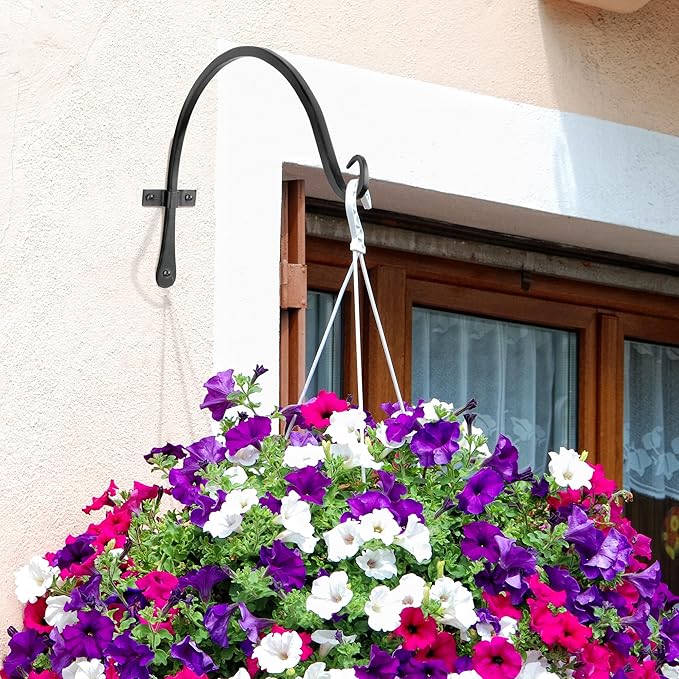 Worth Garden 6-Pack 14" Plant Hanger Bracket - Hand-Forged Wrought Iron Powder-Coated Heavy Duty Wall Hooks - Black Curved Plant Hanging Hooks for Bird Feeders, Flower Baskets, Indoor & Outdoor Use WORTH