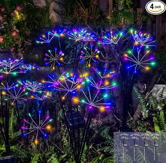 Kwaiffeo 4 Pack Solar-Powered Firework Fairy Lights, Solar Light Outdoor Waterproof Christmas & Garden Decor for Pathway/Patio/Yard - Gardening Gifts for Women (Multicolor) Kwaiffeo