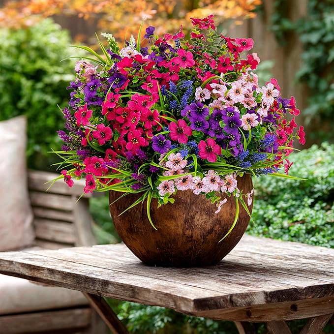 Artificial Flowers for Outdoors Fake Plants - 16 Bundles Faux Outside Greenery Boxwood No Fade Plastic Shrubs Fall Decor Farmhouse Home Garden Thanksgiving Mums (Mix White Purple Pink) AXYLEX