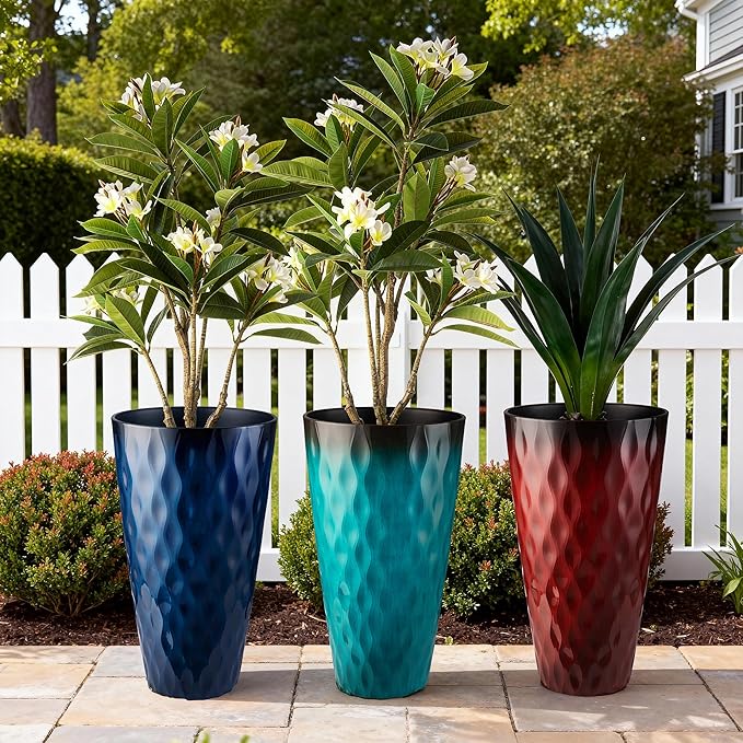 Glitzhome 23.75" H Oversized Tall Planter, Set of 2 Wavy Texture Turquoise Large Planters for Outdoor Plants, with Drainage Hole, Plastic Large Flower Pots for Porch,Garden, Patio or Indoor Use Glitzhome