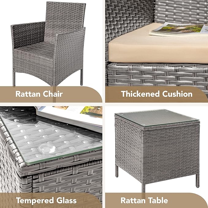 Devoko 3 Pieces Patio Furniture Sets Clearance PE Rattan Wicker Chairs with Table Outdoor Garden Porch Furniture Sets (Light Grey) DEVOKO