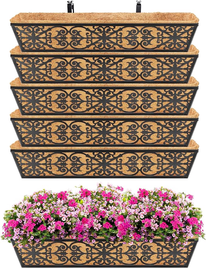 6 Pack 30 Inch Window Boxes Planters Railing Planter Box with Adjustable Brackets & Coco Liners Fabric Plant Grow Bags Deck Railing Planter Boxes Balcony Hanging Flower Box for Outdoor Plants KarlliuHOMEGARDEN