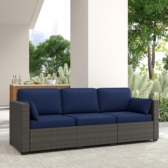 Outsunny Patio Couch PE Wicker Deep Seating Outdoor Sofa with Removable Cushions, 3 Seater Rattan Sofa, Outdoor Furniture for Balcony, Deck, Garden and Poolside, Navy Blue Outsunny