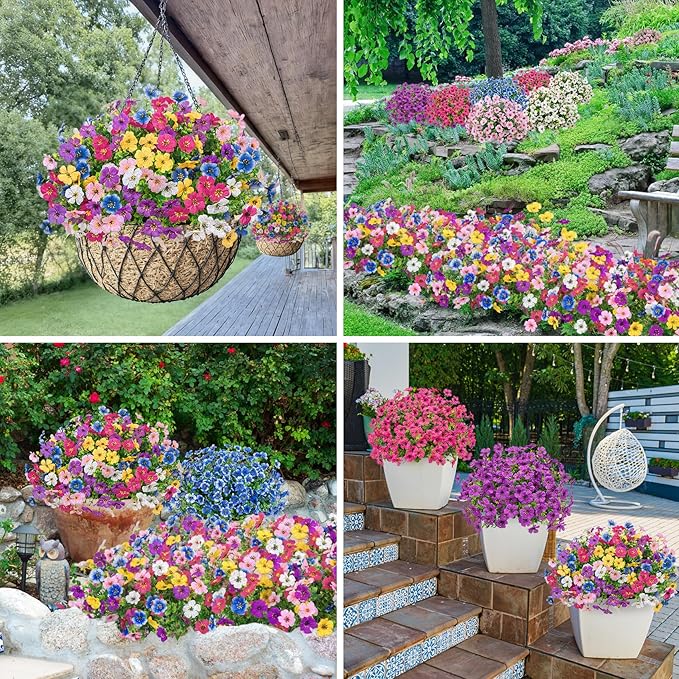 Bassion Artificial Flowers for Outdoors, 24 Bundles UV Resistant Fake Flowers Realistic Silk Faux Plants for Outdoor Planter Window Box Porch Patio Garden Home Outside Decorations Bassion
