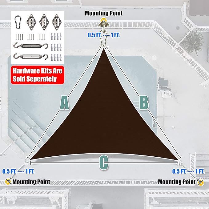 Amgo 20' x 20' x 20' Brown Triangle Sun Shade Sail UPF50+ Canopy Awning AGSLT, 95% UV Blockage, Water & Air Permeable, 200GSM Heavy Duty Commercial and Residential (We Make Custom Sizes) Amgo