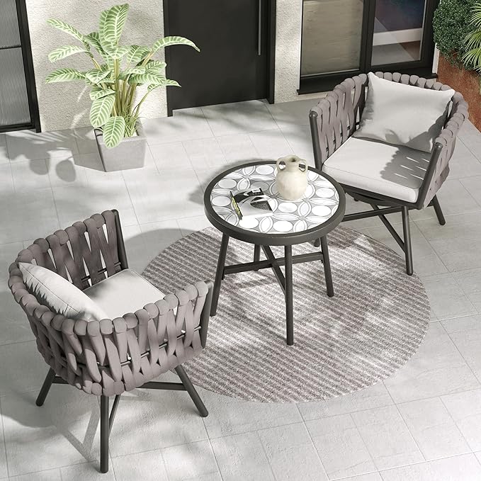 Grand patio Dining Chair Set of 3, Swivel Rope Armchairs with Cushions and Round Side Table with Tile Tabletop, Wicker, Indoor Outdoor Modern Style, Backyard, Balcony, Light Gray Brown GrandPatio