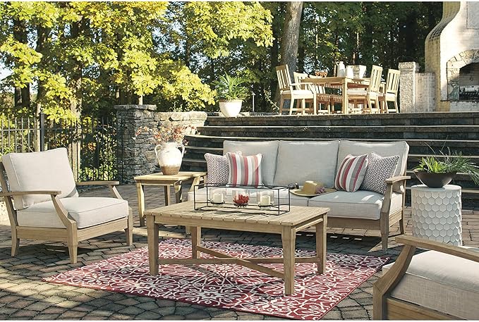 Signature Design by Ashley Clare View Outdoor Patio Sofa, 4 Throw Pillows, Nuvella Weather Resistant Fabric, Eucalyptus Wood, 81" W x 35" D x 32" H, Beige SignatureDesignbyAshley