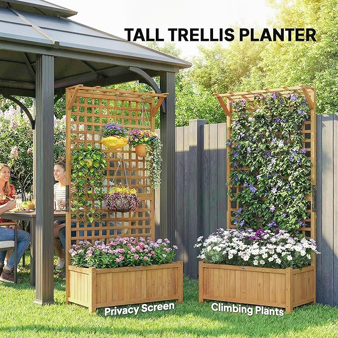 Outsunny Wood Planter with Trellis, Raised Garden Bed for Climbing Plants w/Drainage Holes and Roof, 35.5" x 17.75" x 72", Yellow Outsunny