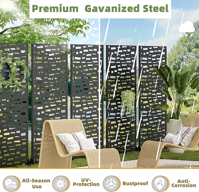 Casaphoria 72" H x 35" W Metal Outdoor Privacy Screen, Freestanding Decorative Divider for Patio, Deck, Balcony, and Garden with Stable Base, Black-Gerald Casaphoria